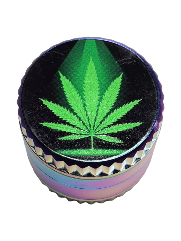 Rainbow grooved print grinder with large leafy design and light green/purple color scheme.