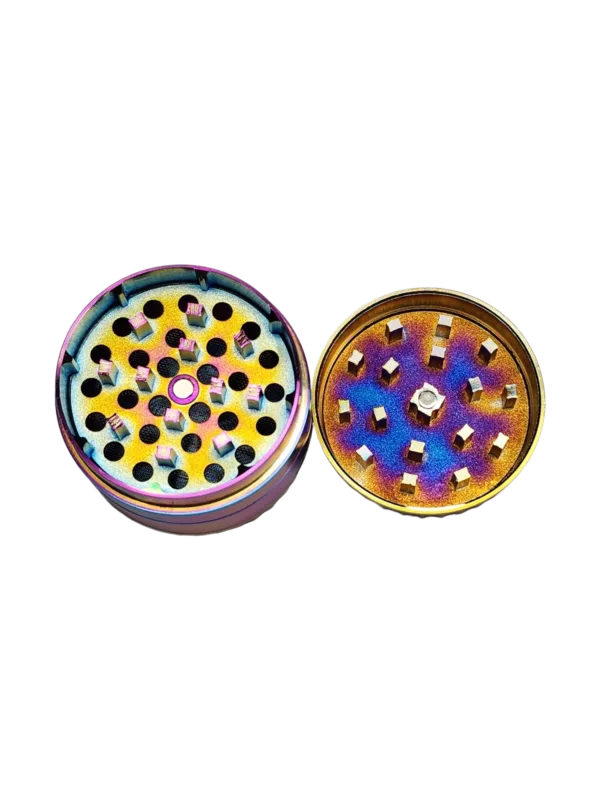 Rainbow Grooved Print Grinder with metal body and handle, featuring multicolored glass pieces in a circular pattern.