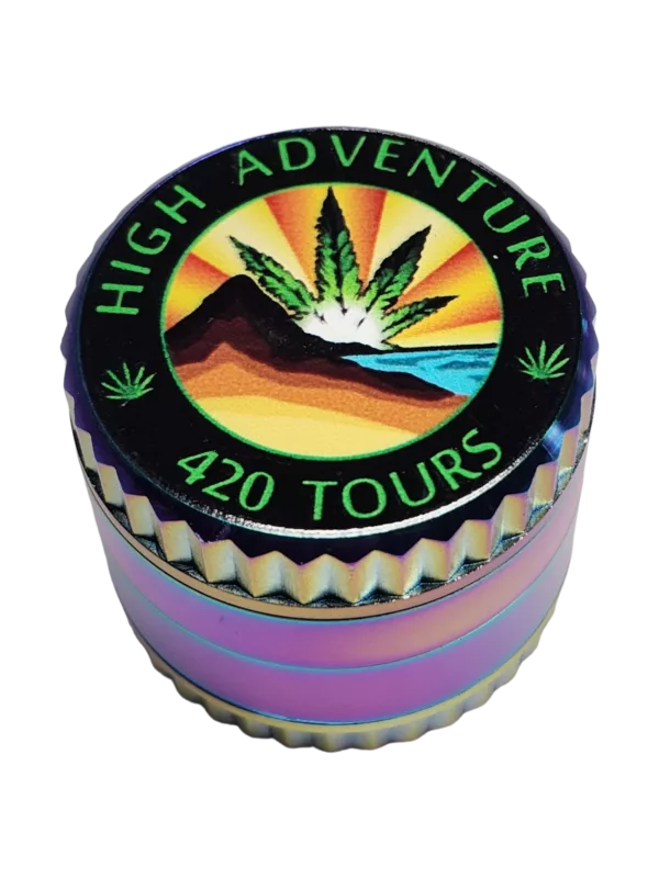 Rainbow Grooved Print Grinder with 420 tours design on a small round tin.