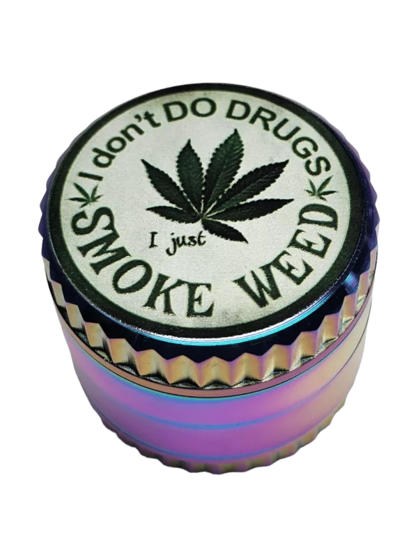 Small, round, transparent container with colorful, psychedelic cannabis leaf design and words don’t do drugs, smoke weed on front. BVGS280D - Grooved Print Grinder.