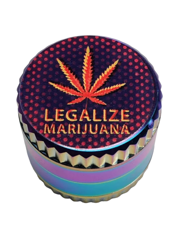 A colorful grinder with a marijuana leaf design and the word legalize on it, promoting the legalization of marijuana.