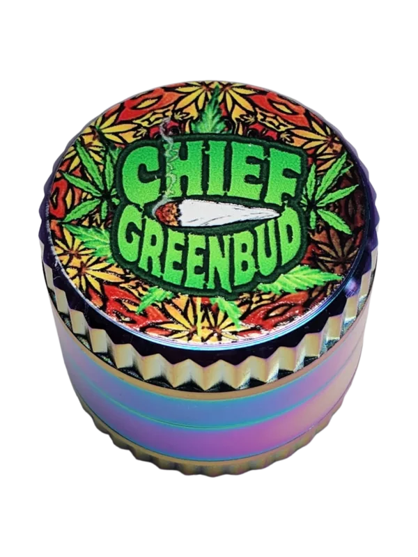 Colorful glass grinder with bold chief greenbud text and natural patterns.