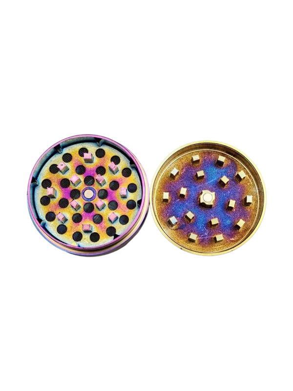 Two round metal discs with colorful designs on black background. Metallic finish. Mini Diamond Cut Grinder-BVGS279.