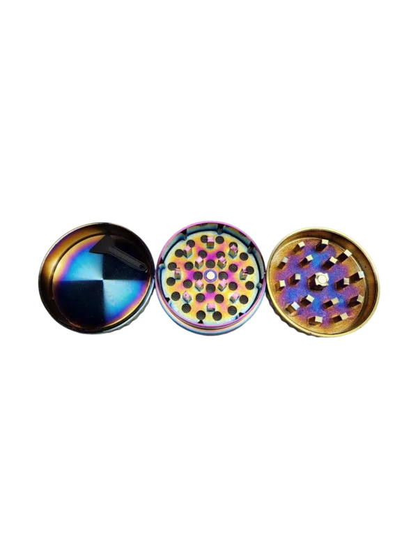 Three different colored grinders with a circular shape and small hole in the center, for grinding herbs or other materials. Mini Diamond Cut Grinder - BVGS279.