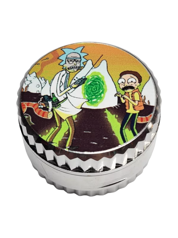 Round metal container with Rick and Morty sticker on front, depicting characters on a planet with green plant. Cartoon-like style, smooth surface, unclear purpose.