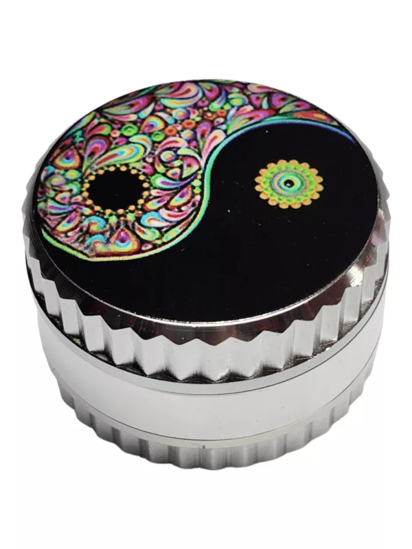 A colorful, circular grinder with a vibrant swirl pattern and eye-catching design.