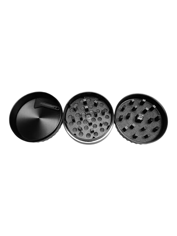 stainless steel food grinder with a circular base and cylindrical top, suitable for nuts, seeds, and spices. It has a matte black finish.