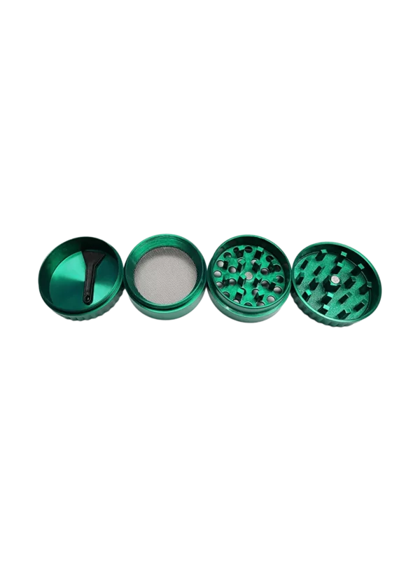 A polished, four-tier grinder with metal tiers and small holes in each tier, available in a light green color.