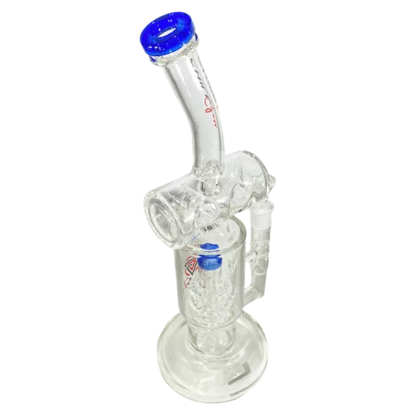 A sleek, modern glass water pipe with a blue handle and stand, featuring a clear design and minimalistic style.