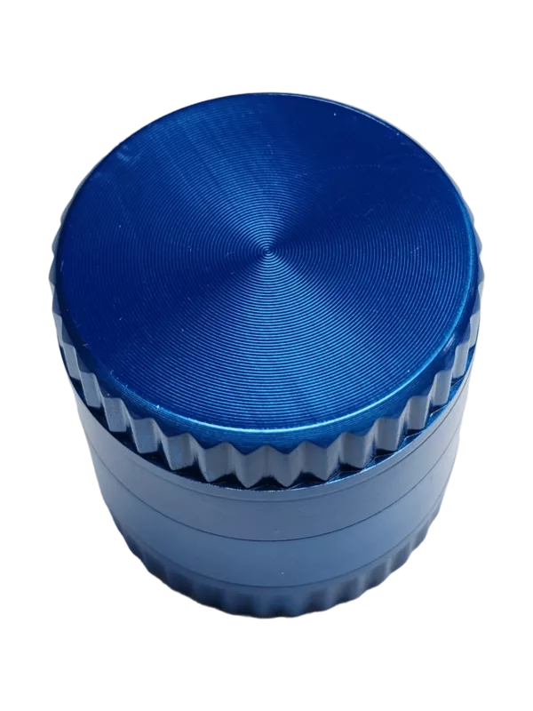 Smooth blue metal grinder with 4 tiers of varying sizes and shapes, no visible attachments.