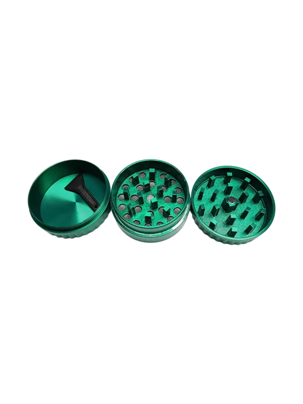 Three tier grinder with green metal base, metal herb container, and metal lid. Three holes for packing and storing herbs.