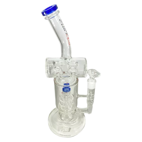 A clear glass bong with a blue handle and round base. Long, curved neck with mouthpiece and bowl. Green background.