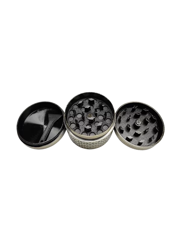 Cross Pattern Grinders, metal and black with silver top, 5 holes per side, handheld with small handle for easy use.
