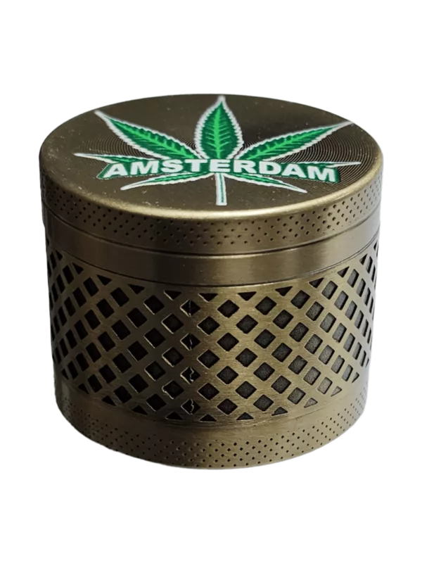 Golden cross pattern grinder with small opening for easy use. Perfect for grinding small amounts of marijuana.