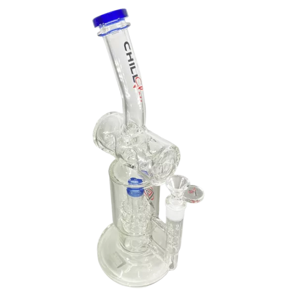 Clear glass with blue handle and plastic base. Adjustable airflow valve. Transparent mouthpiece with small hole.