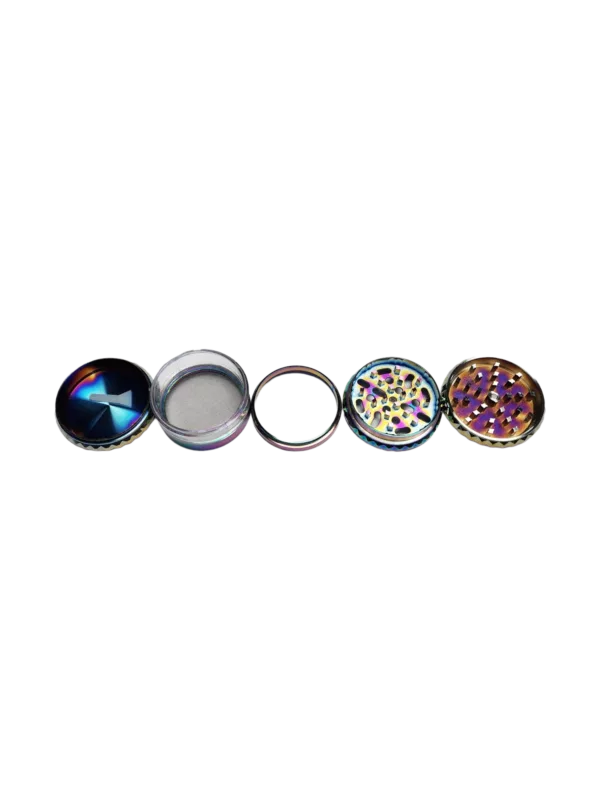 Set of six round metal containers with colored dots in a circle on black background.
