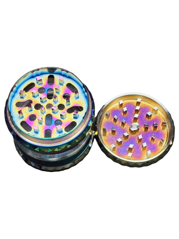 Rainbow Clear Glass Grinder with small handle and flat base for herbs. Perfect for any smoking setup.