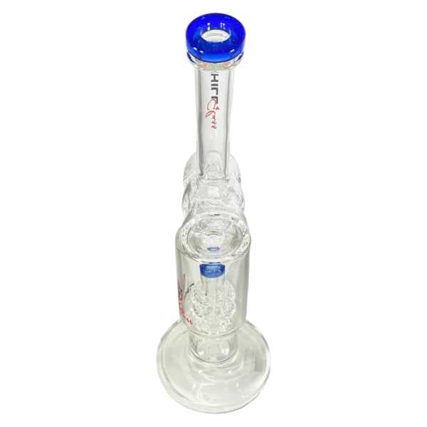 Clear glass water pipe with blue rubber grip handle and small hole on top. JLA18 model.