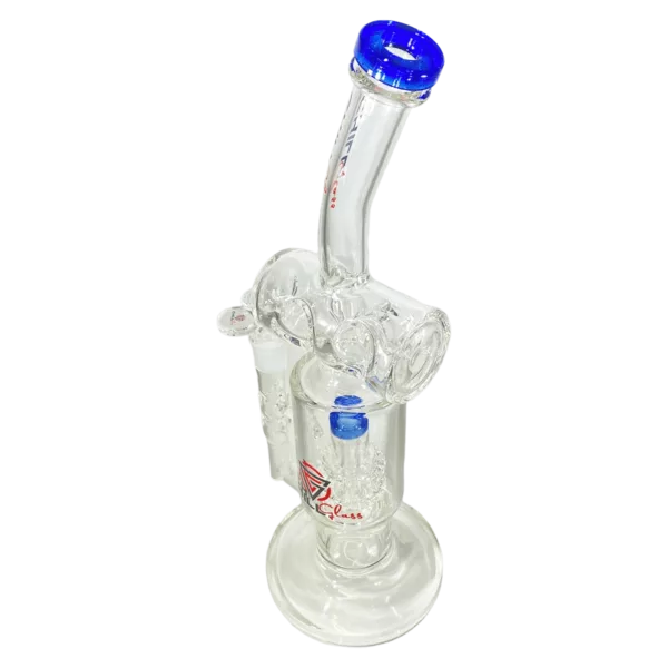 Clear glass bong with blue handle and small/large holes at top/bottom. Sits on stand with small base. Empty and not in use.