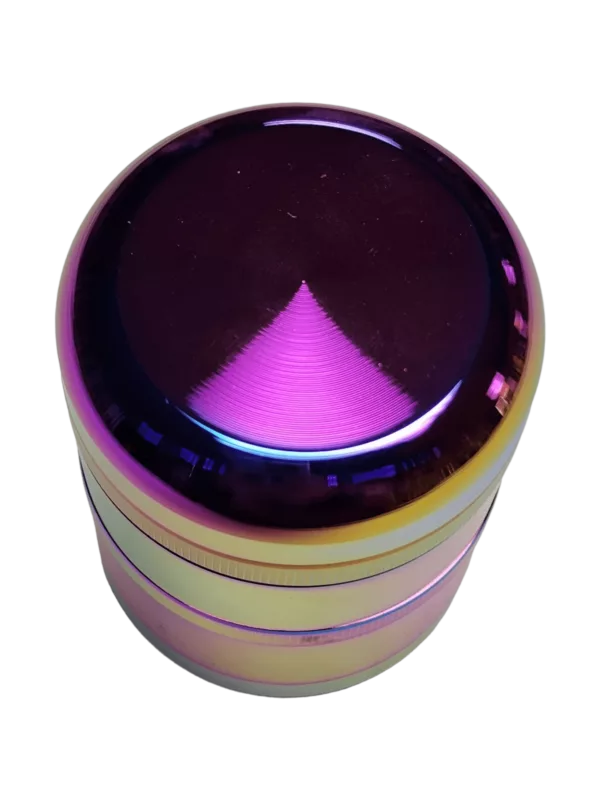 Colorful, metallic grinder with a silver and purple finish, small notch for herb insertion, well-made and high quality, suitable for personal use.
