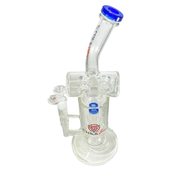 Sleek, modern design with clear glass, blue rubber grip, and white/blue accents. Large white base with blue plastic piece on side.