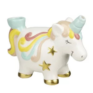 A small ceramic unicorn pipe with a golden horn, rainbow-colored mane and tail, and a golden star on its forehead.