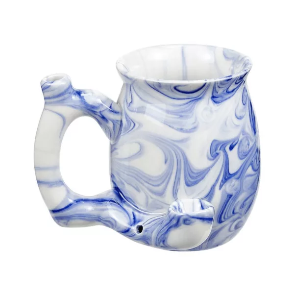 Elegant blue marble finish small mug with curved handle, perfect for coffee or tea.