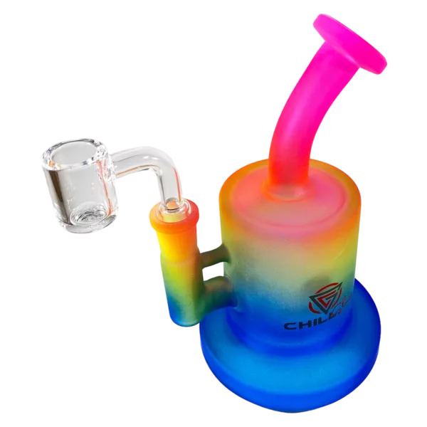 Colorful glass bong with rainbow base, clear stem and bowl, and clear mouthpiece. CCJLE263.