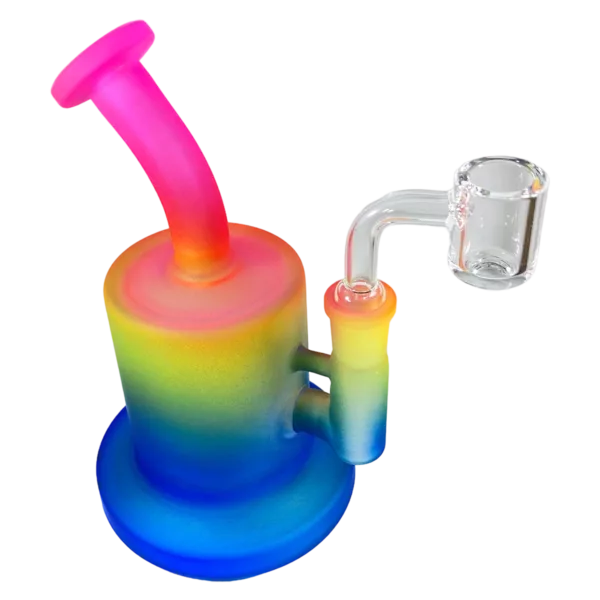 Rainbow colored glass bong with clear stem and small water hole. Part of CCJLE263 Tricolor Water Pipe.