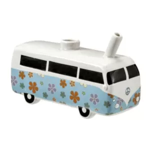 Floral pipe-shaped vintage bus vape, with colorful flower designs and leaves on the sides, available on a smoking company website.