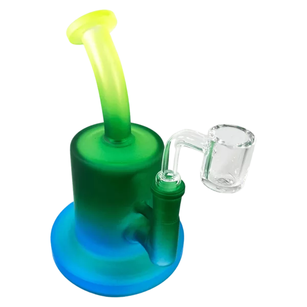 Hand-blown glass water pipe with colorful green and blue handle, clear body, small base, and large mouthpiece.