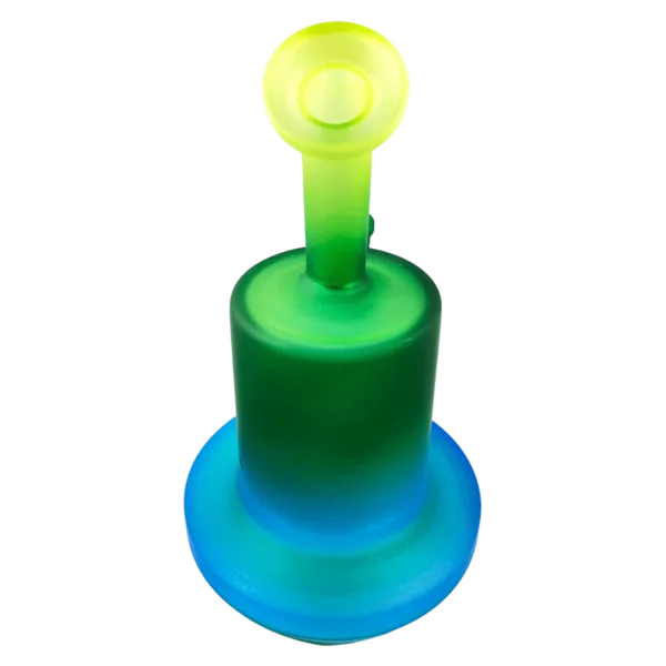 A cylindrical glass pipe with a flared base, featuring a blue, yellow, and green gradient, a small circular design, and small lines on the surface. It has a small round base at the top.