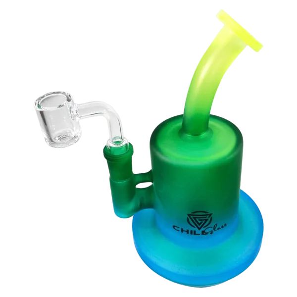 Stylish glass bong with blue and green tint, small base and long neck. Perfect for smoking.
