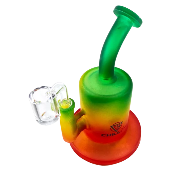 Transparent, yellow, green, and red colors. Heart-shaped base and stem handle. Bubbles in water.