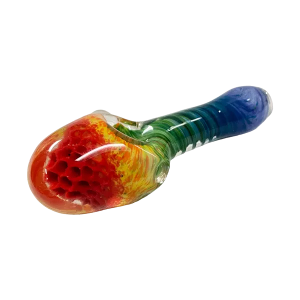 Colorful glass pipe with swirling pattern and small bowl. Plugnug LLC.