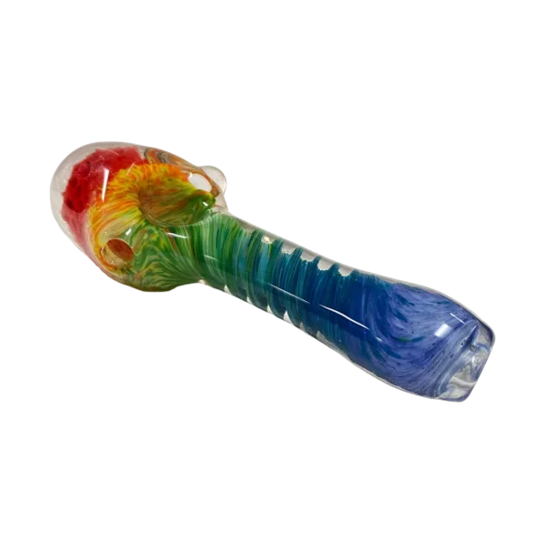 Rainbow-colored, swirled glass pipe with long, curved shape and small bowl and stem. #Plugnug LLC