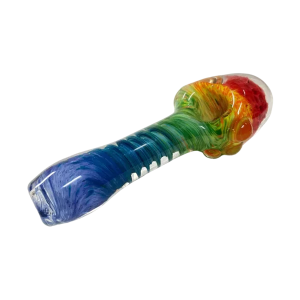 Colorful glass pipe with long, curved shape and small, round base. Rainbow pattern on outside. Clear base and long, curved stem. Artistic piece of glassware.