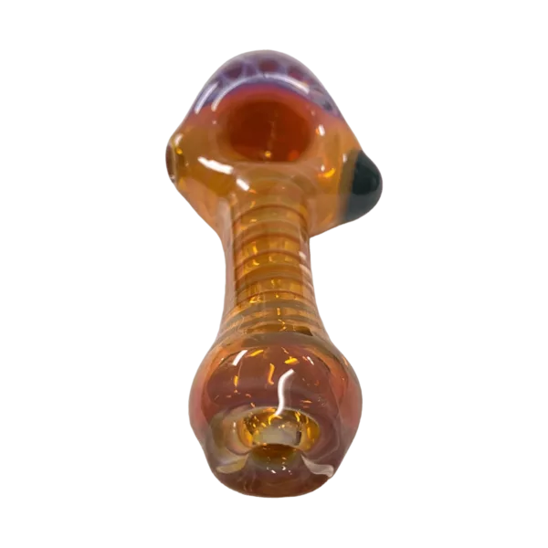 Clear glass smoking pipe with yellow swirls and a large curved mouthpiece.