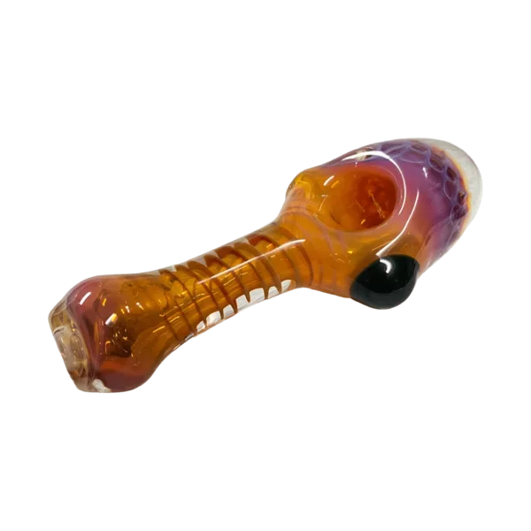 Unique, intricate borosilicate glass bong with purple and yellow tint, clear mouthpiece and black handle. Showcasing Fumed Honeycomb design by Plugnug LLC.