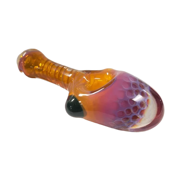Unique glass pipe with purple and orange design on clear base and stem. Round knob and hole surrounded by twisted, wavy glass ring.