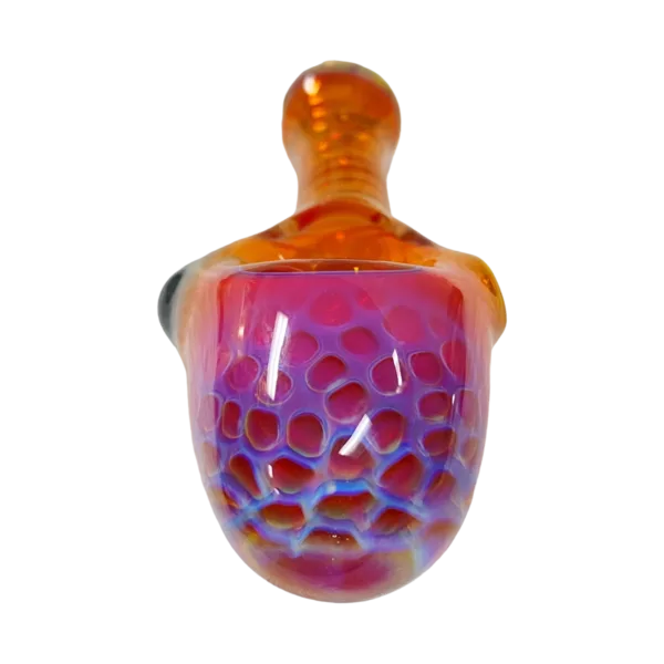 Beautiful glass piece with orange, pink, and purple swirls. Fumed Honeycomb - Plugnug LLC.