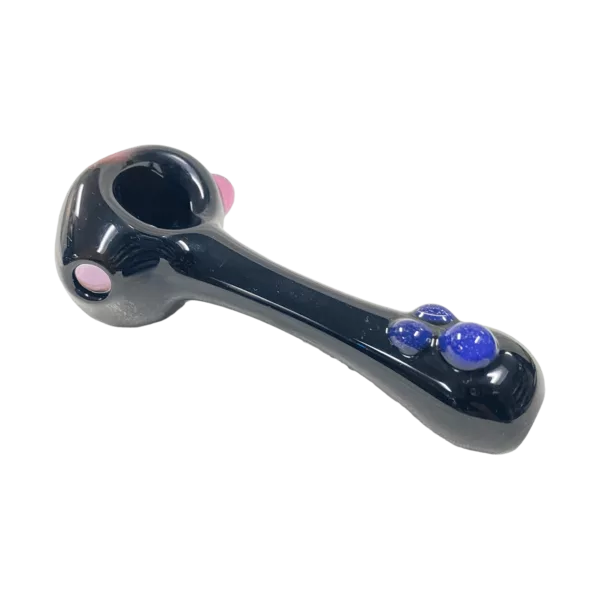 Black plastic smoking pipe with blue base ring, purple knob, and small mouthpiece. Held in place with string.