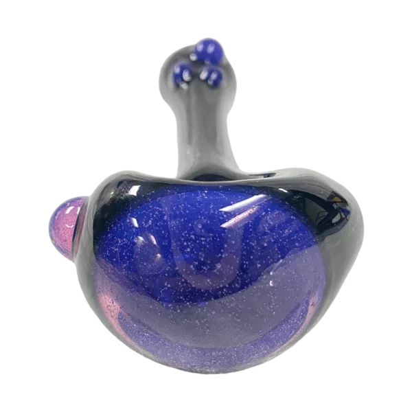 Stylish glass bong with purple and blue swirl design and clear base. Tapered neck for a comfortable smoking experience.