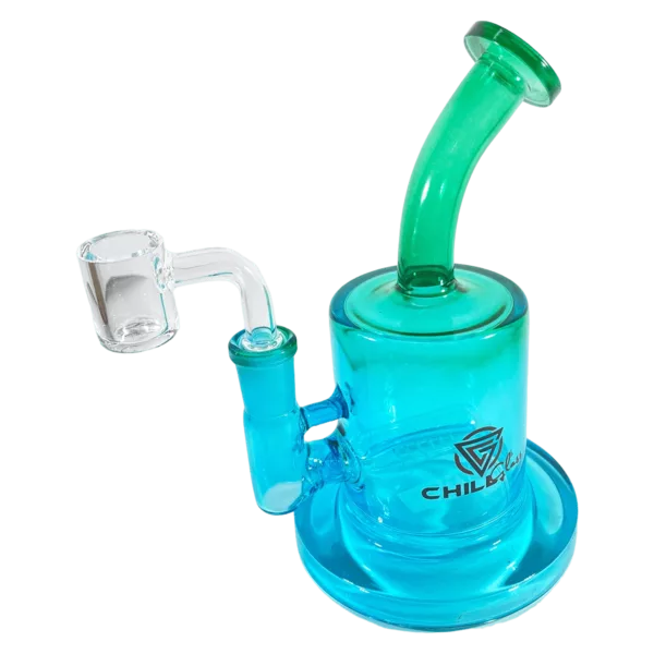 Stylish gradient bong with handle, small bowl, and clear tube. Blue and green color scheme. Held on stand with drain at bottom of bowl.