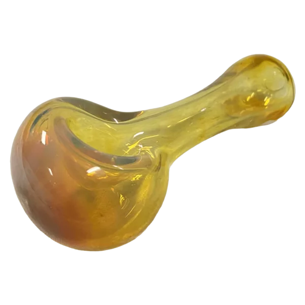 Elegant, amber glass spoon with curved handle and stem, pinkish tint, and unusual pipe shape. Well-lit image, unclear spoon details.