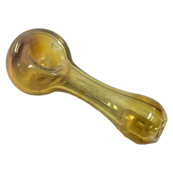 Long, curved glass pipe with a small, round base and clear, glass body. Features a small, round hole in the center of the base and sits on a green background.