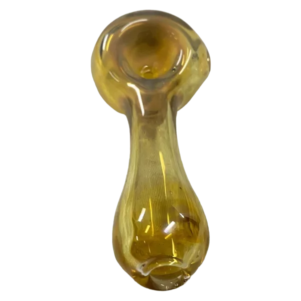 Handcrafted clear glass spoon with yellow stem and curved handle. Smooth surface, no cracks. Long, slender stem. Made by Pluganug LLC.
