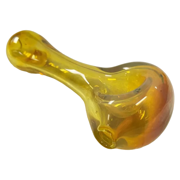 Unique, flame-shaped ashtray made of yellow glass with small opening.