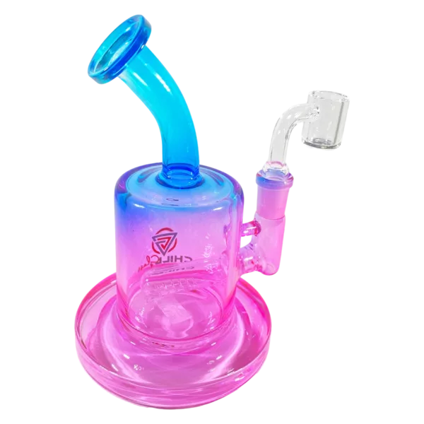Small gradient rig with purple and pink tint, clear glass bowl, transparent stem and handle - CCJLE290.