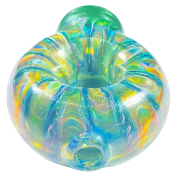 A colorful, swirled glass sphere with handles, used for smoking.